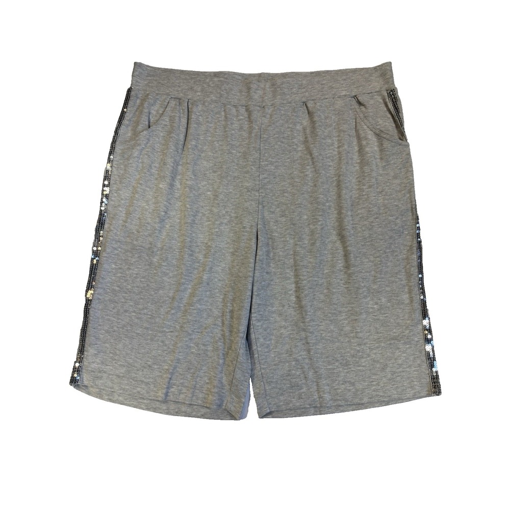 Roaman's Women's 2X Gray Sequin Side Sweat Shorts Active Athleisure Travel Cozy